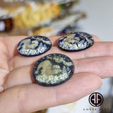Blue Amber Engraved Winter Round Shape Cabochons