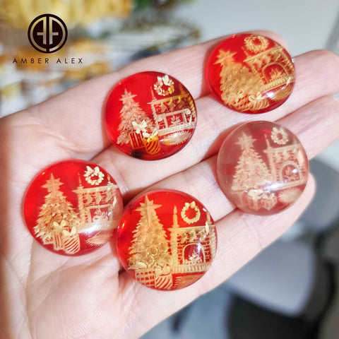 Red Amber Engraved Christmas Tree Round Shape Cabochons