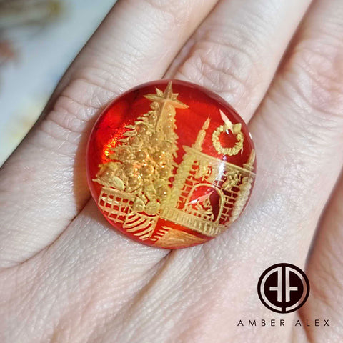 Red Amber Engraved Christmas Tree Round Shape Cabochons