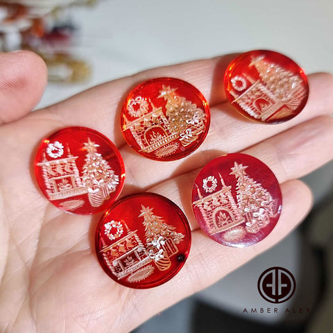 Red Amber Engraved Christmas Tree Round Shape Cabochons