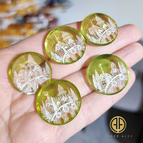 Green Amber Engraved Houses Round Shape Cabochons