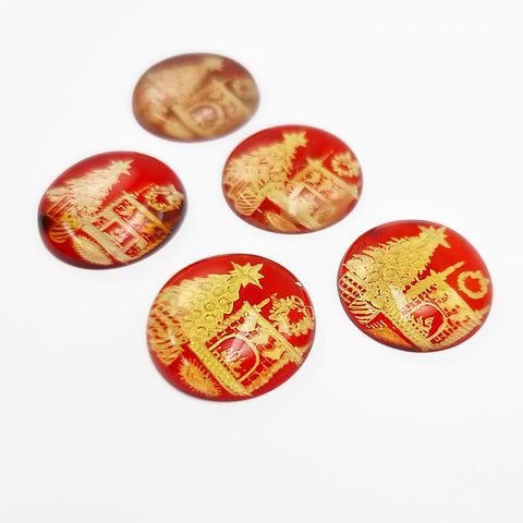 Red Amber Engraved Christmas Tree Round Shape Cabochons