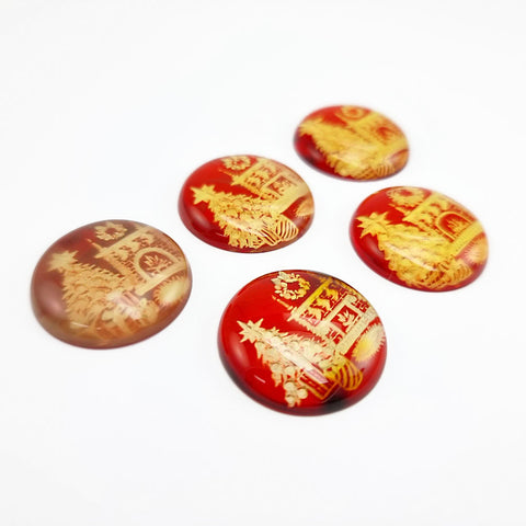 Red Amber Engraved Christmas Tree Round Shape Cabochons