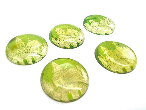 Green Amber Engraved Houses Round Shape Cabochons