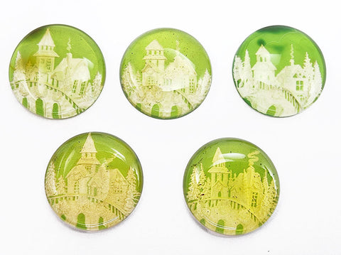 Green Amber Engraved Houses Round Shape Cabochons