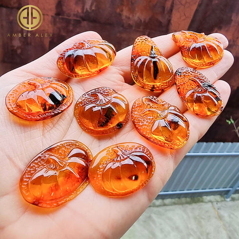 Cognac Amber Carved Pumpkin Cabochons