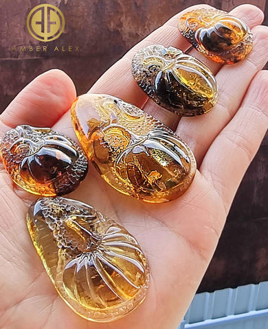 Fossil Amber Carved Pumpkin Cabochons