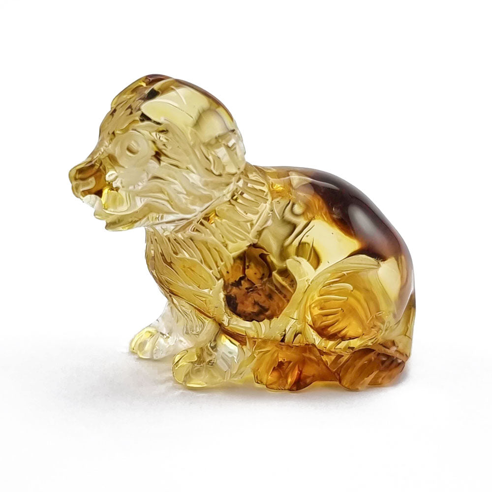 Cognac Amber Carved Dog Figurine With Insects