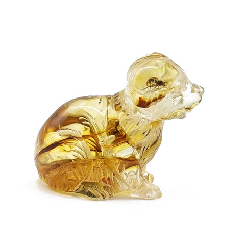 Cognac Amber Carved Dog Figurine With Insects