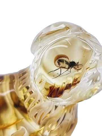 Cognac Amber Carved Dog Figurine With Insects