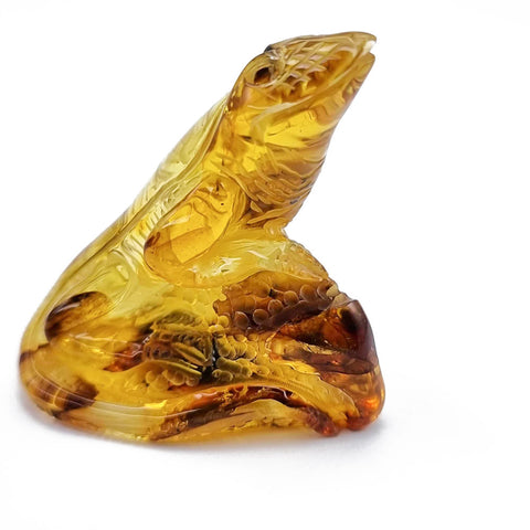 Fossil Amber Carved Lizard Figurine With Insect