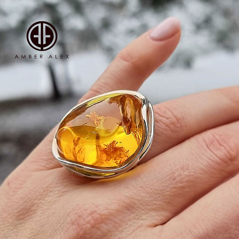 Lemon Amber Free Shape Adjustable Ring Sterling Silver