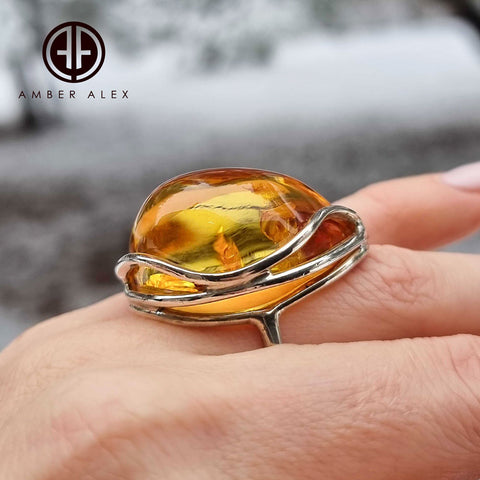 Lemon Amber Free Shape Adjustable Ring Sterling Silver