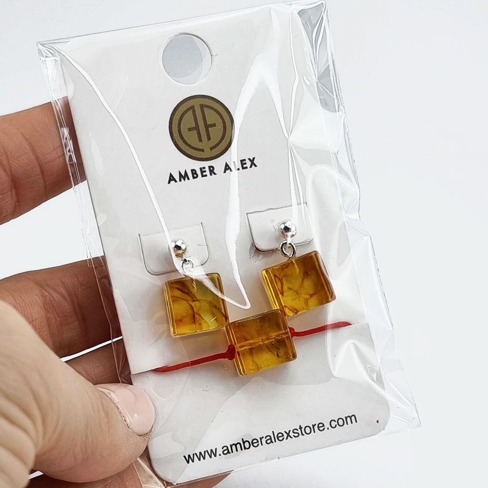 Cognac Amber Square Dangle Earrings & Bracelet Gift Set