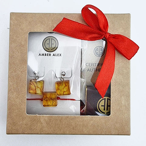 Cognac Amber Square Dangle Earrings & Bracelet Gift Set