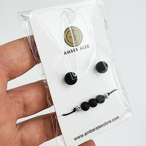 Black Amber Round Stud Earrings & Bracelet Gift Set