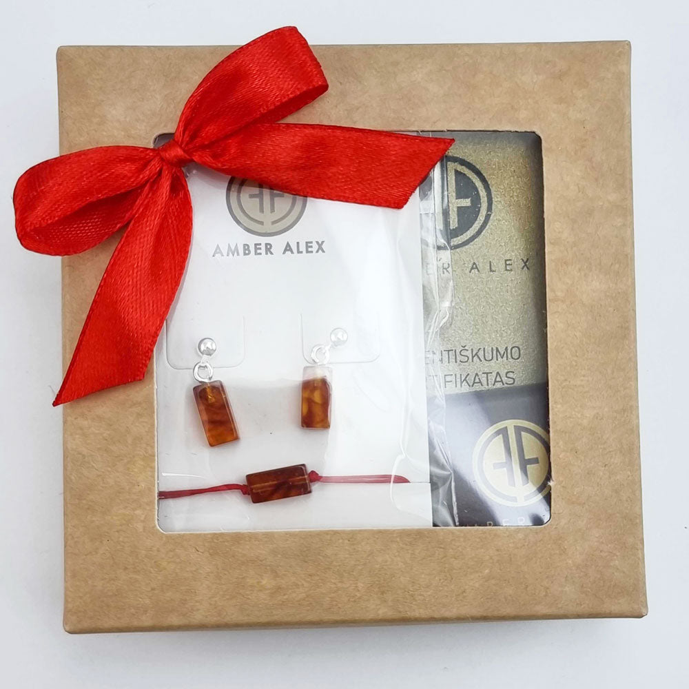 Cognac Amber Rectangular Dangle Earrings & Bracelet Gift Set