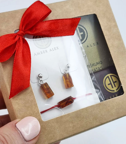 Cognac Amber Rectangular Dangle Earrings & Bracelet Gift Set