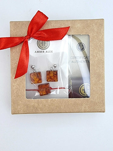 Cognac Amber Square Dangle Earrings & Bracelet Gift Set