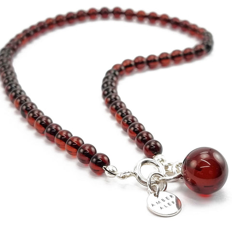 Cherry Amber Round Pendant Beaded Necklace