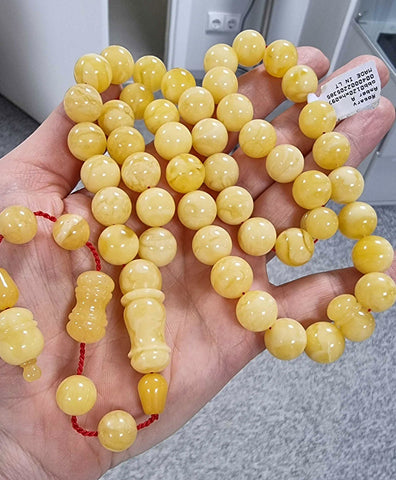 Yellow With White Amber Round Shape 12 mm Islamic Rosary Beads