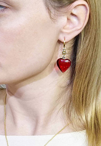 Red Amber Heart Dangle Earrings 14K Gold Plated