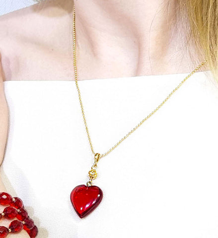 Red Amber Heart Pendant & Chain Necklace 14K Gold Plated