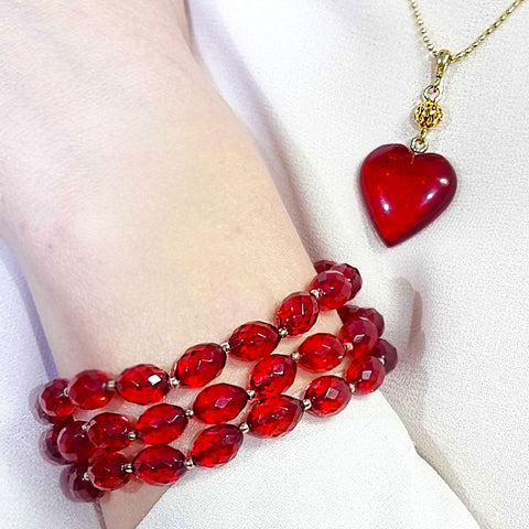 Red Amber Olive Faceted Beads Stretch Bracelet