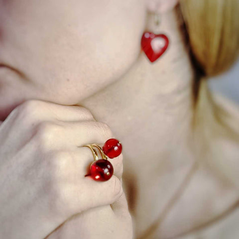 Red Amber Round Bead Adjustable Ring 14K Gold Plated