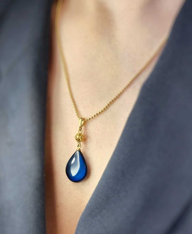 Blue Amber Drop Pendant & Chain Necklace 14K Gold Plated