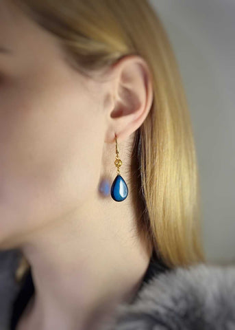 Blue Amber Drop Dangle Earrings 14K Gold Plated