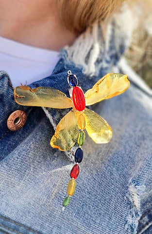 Multi-Color Amber Dragonfly Brooch - Pendant