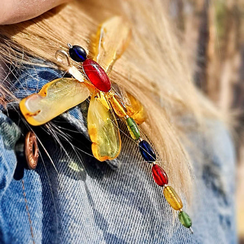 Multi-Color Amber Dragonfly Brooch - Pendant