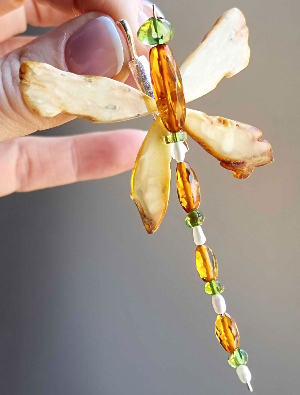 Multi-Color Amber Dragonfly Brooch - Pendant