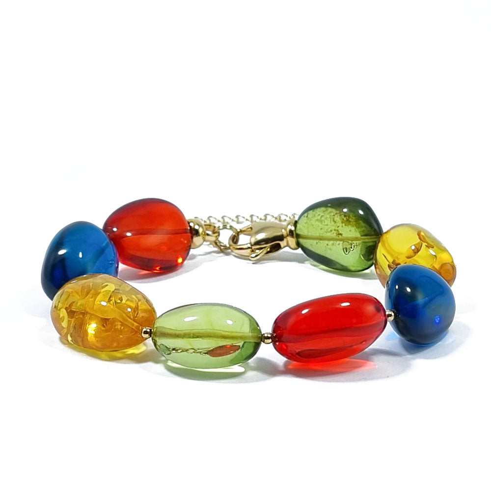 Multi-Color Amber Nugget Beads Bracelet 14k Gold Plated