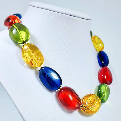 Multi-Color Amber Nuggets Beads Necklace 14k Gold Plated