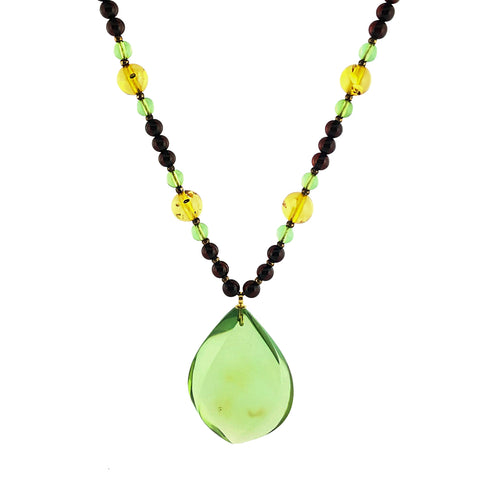 Green Amber Flame Pendant Beaded Necklace