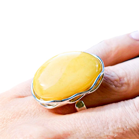 Milky Amber Free Shape Adjustable Ring Sterling Silver