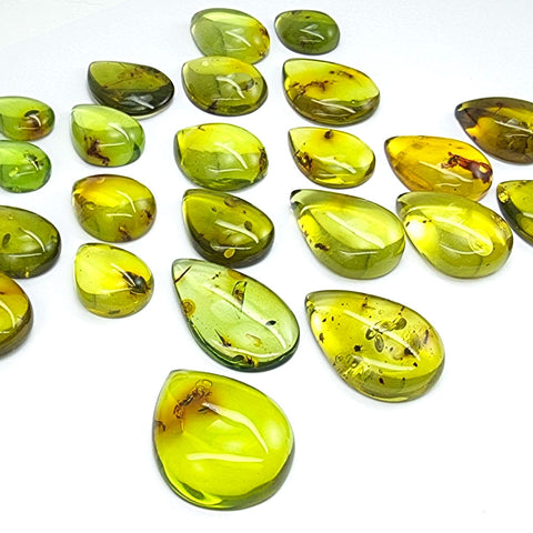 Green Amber Drop Shape Cabochons With Insects