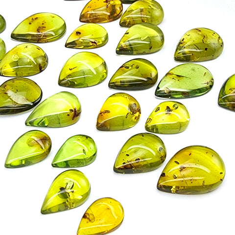 Green Amber Drop Shape Cabochons With Insects