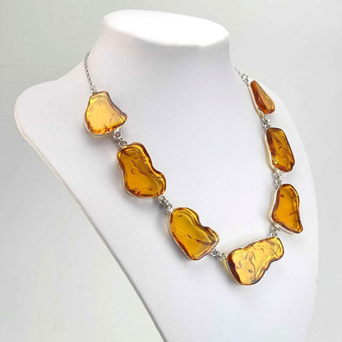 Cognac Amber Slab Necklace Sterling Silver