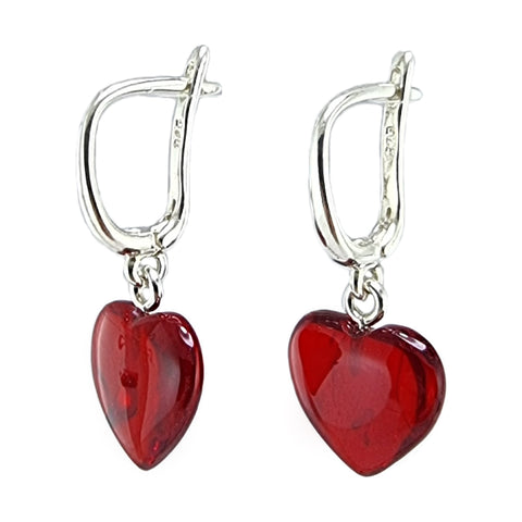 Red Amber Heart Dangle Earrings Sterling Silver