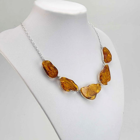 Cognac Amber Slab Necklace Sterling Silver