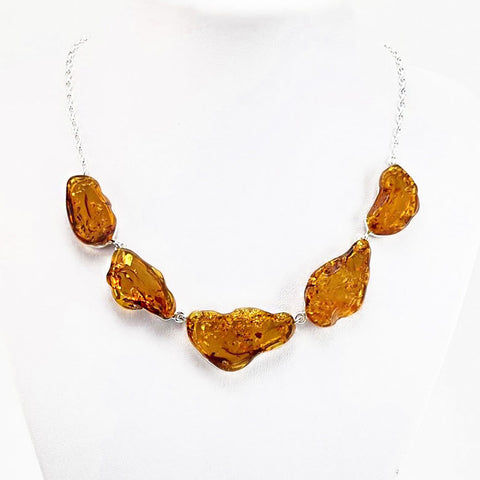 Cognac Amber Slab Necklace Sterling Silver