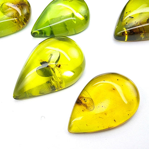 Green Amber Drop Shape Cabochons With Insects