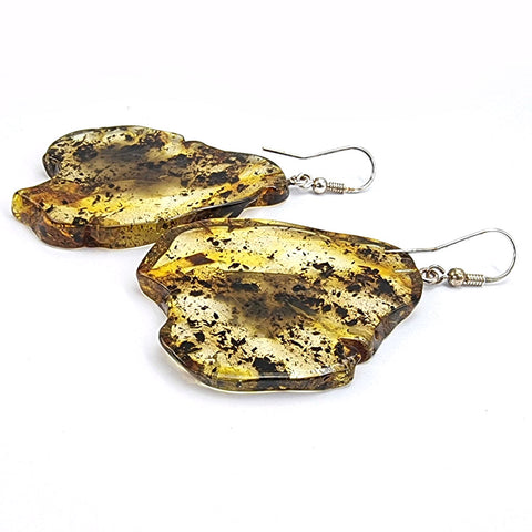 Fossil Amber Slab Dangle Earrings Sterling Silver