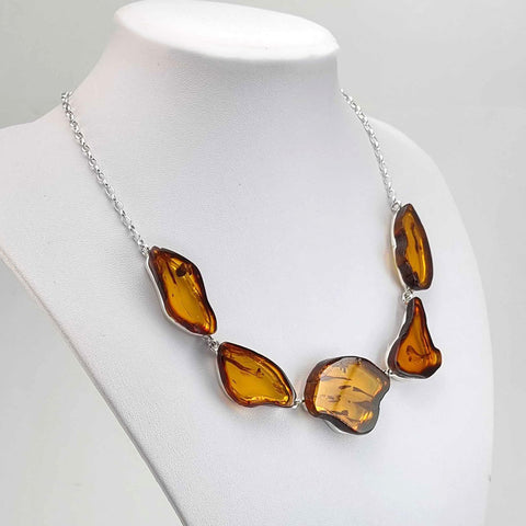 Cognac Amber Slab Necklace Sterling Silver