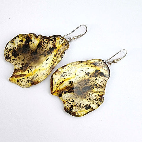 Fossil Amber Slab Dangle Earrings Sterling Silver