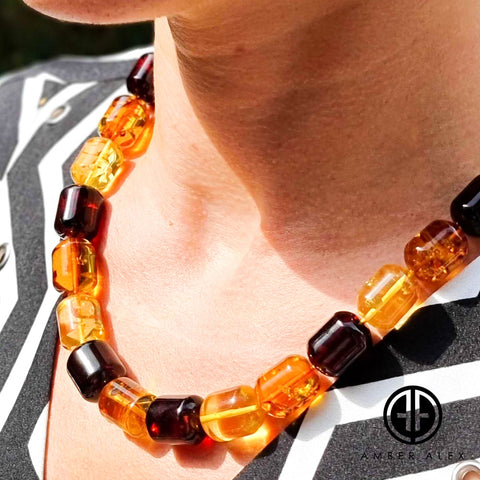 Multi-Color Amber Barrel Beads Necklace