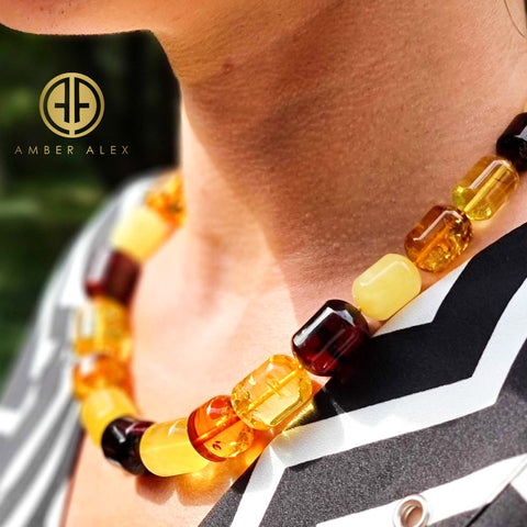 Multi-Color Amber Barrel Beads Necklace